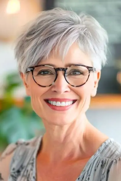 Peinado Pixie texturizado para mujeres mayores de 50 años con gafas.