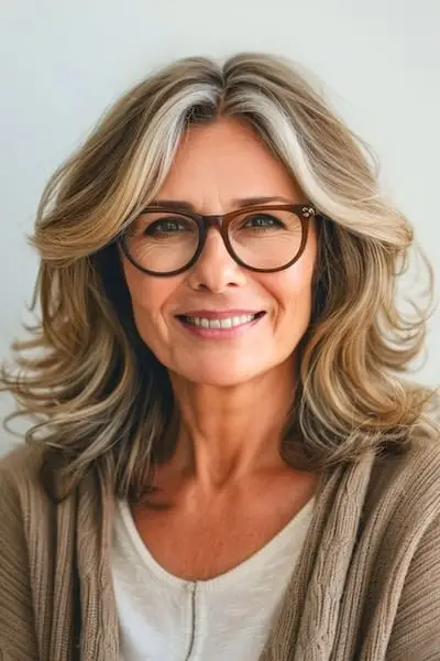 Capas hasta los hombros con pieza de dinero destaca el peinado para mujeres mayores de 50 años con gafas.