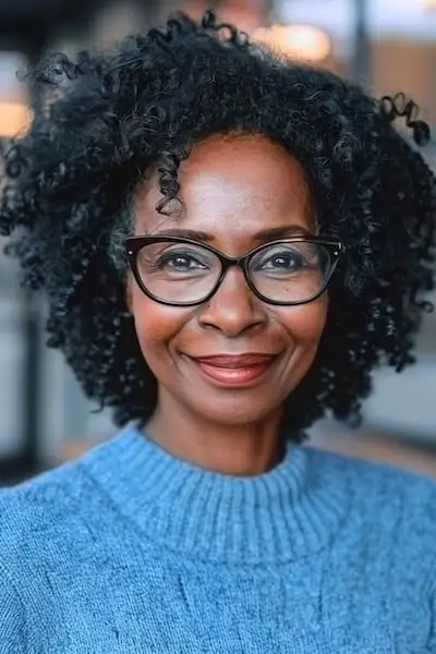 Peinado de bobinas naturales para mujeres mayores de 50 años con gafas.