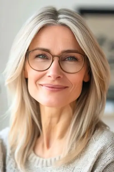 Peinado de corte recto hasta los hombros para mujeres mayores de 50 años con gafas.