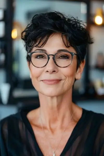 Peinado Pixie con flequillo tenue para mujeres mayores de 50 años con gafas.