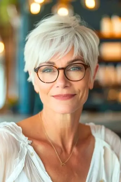 Peinado Pixie blanco para mujeres mayores de 50 años con gafas.