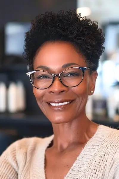 Peinado Pixie rizado y voluminoso para mujeres mayores de 50 años con gafas.