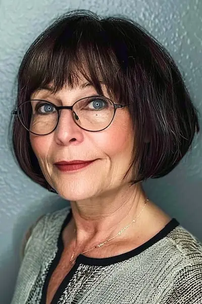 Peinado Bob clásico con flequillo para mujeres mayores de 50 años con gafas.