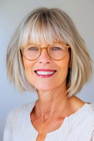 Bob rubio con peinado de flequillo completo para mujeres mayores de 50 años con gafas.