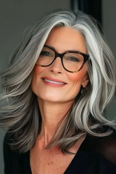 Peinado de capas voluminosas para mujeres mayores de 50 años con gafas.
