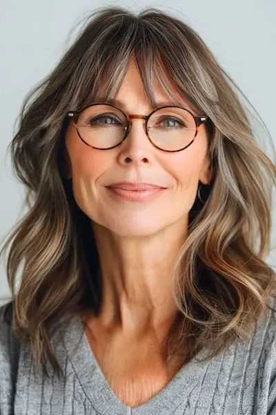 Peinado con ondas y flecos para mujeres mayores de 50 años con gafas.