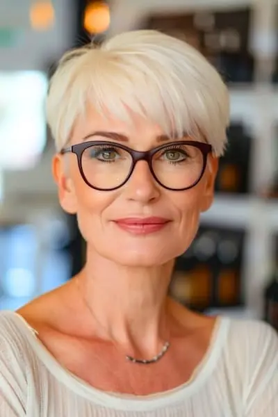 Peinado Pixie recortado texturizado para mujeres mayores de 50 años con gafas.