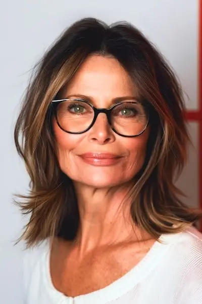 Peinado de corte medio en capas para mujeres mayores de 50 años con gafas.