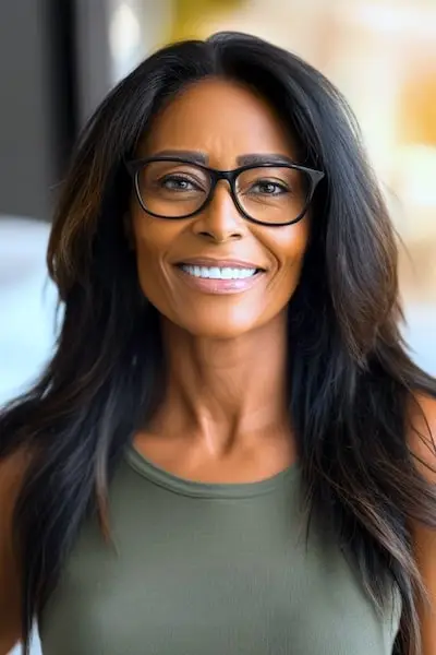 Peinado de capas largas para mujeres mayores de 50 años con gafas.