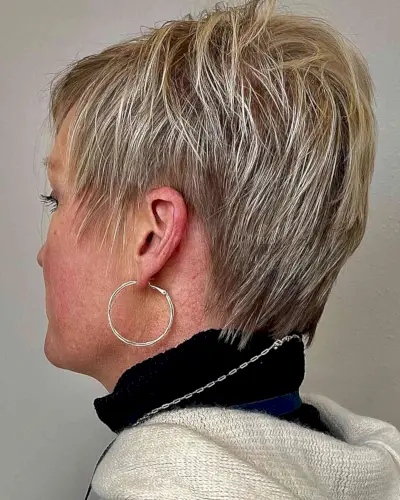 Short Golden Blonde Balayage Pixie Hair with Choppy Layers for Women Over 50 with Thin Locks