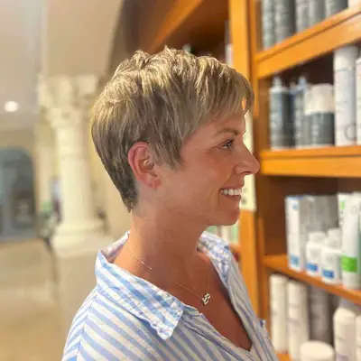 Highlighted Pixie Hair with a Side Fringe for ladies in their 50s with Fine Hair