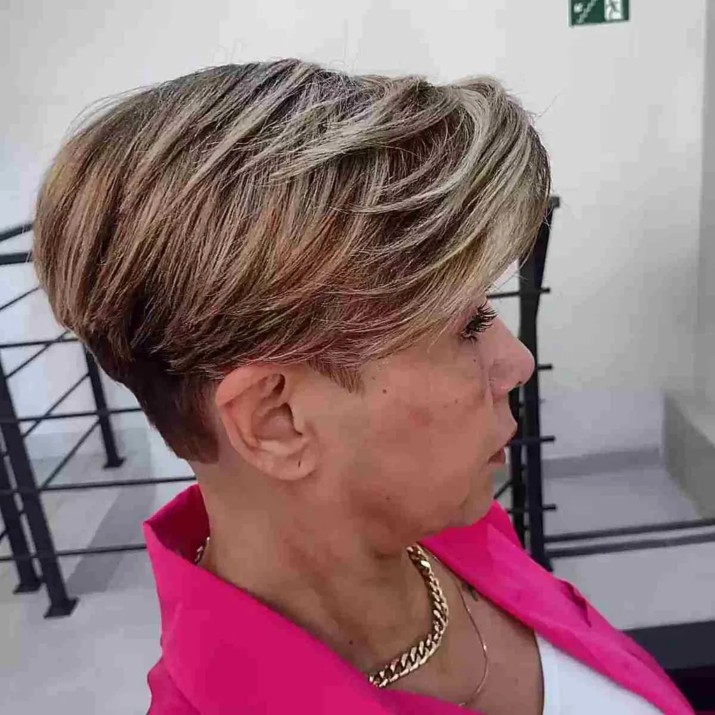 Cabello Pixie Bob cónico de barrido lateral con capas fragmentadas para mujeres mayores' title=