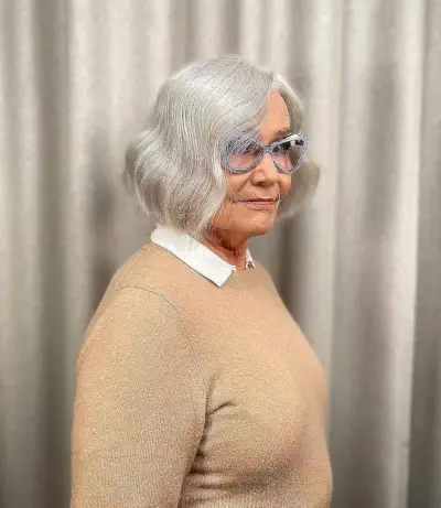 Chic Wavy Bob on a women over 60 with Fine White Hair
