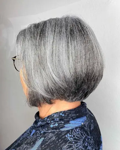 Neck-Length Stacked Bob on women over 60 with Salt-and Pepper Hair