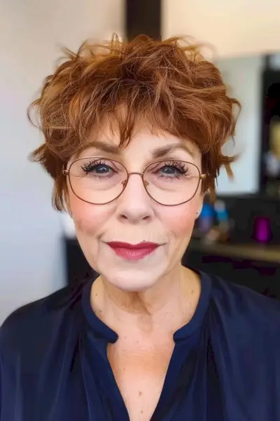 Short Shaggy Cut for Older Women with Small Rims