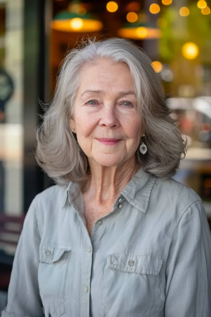 Dolga večplastna pričeska za ženske nad 70 let z naravnimi sivimi lasmi' title=