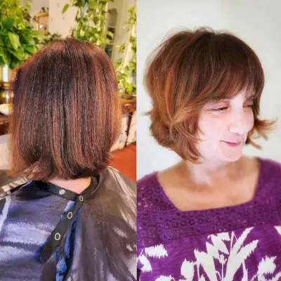 Short Auburn Bob with Short Layers and Bangs for 50-Year-Olds