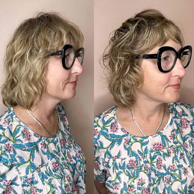 Wavy Grown-Out Shaggy Bob with Mini Bangs for Older Women Over 40