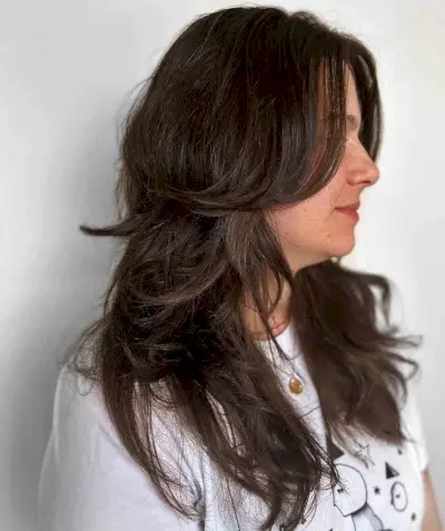 Feathered Layers on Shagged Hair on a Woman in Her 40s