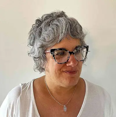 Gray Wavy Pixie with Shagged Layers for Older Ladies with Glasses