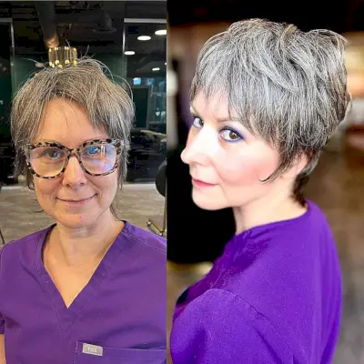 Fun Pixie Shag for Older Women with salt and pepper aging hair