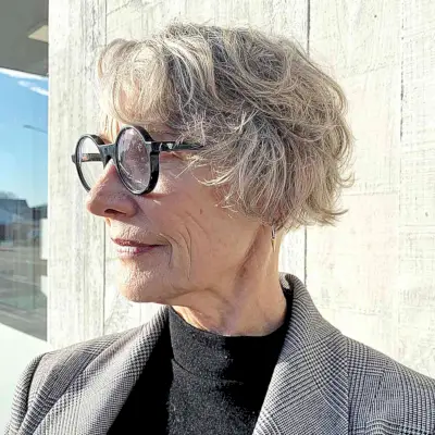Super Short Thick Bob for Wavy Hair on Women Aged 60 with glasses