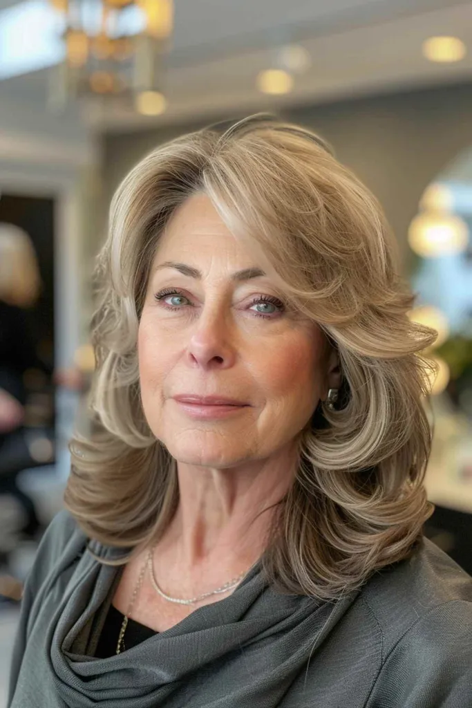 Femeie cu păr de lungime medie, cu straturi de încadrare a feței, adăugând dimensiune și mișcare.' title=