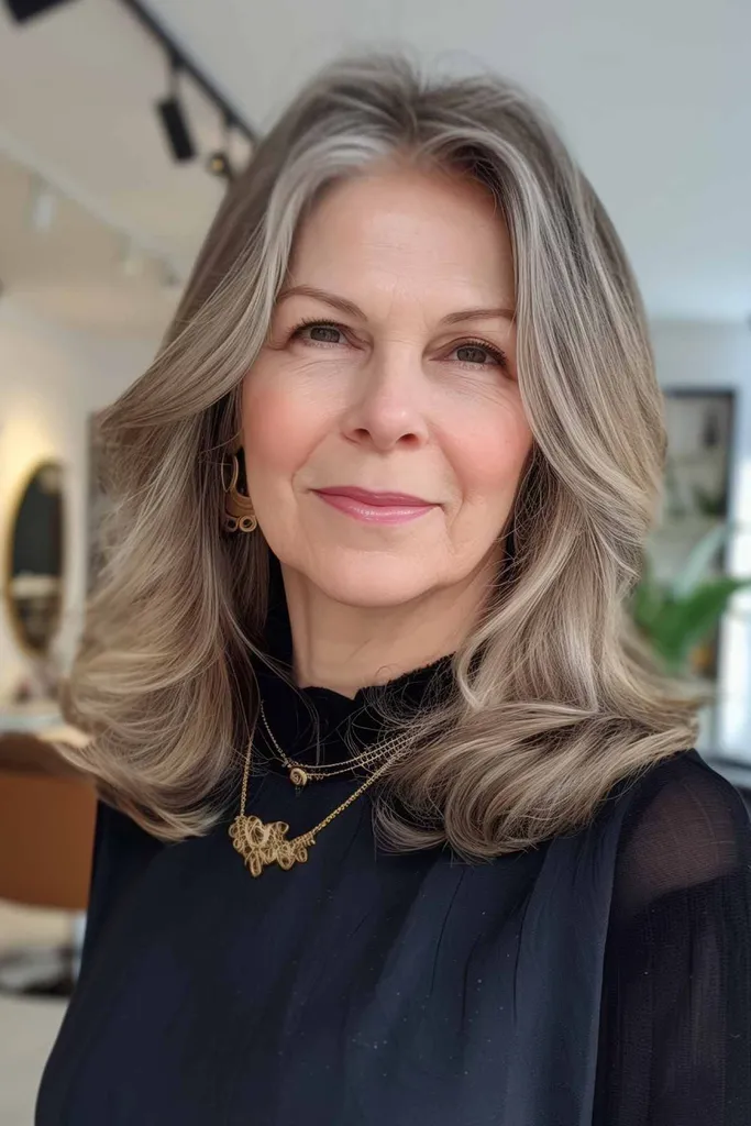 Femeie cu păr stratificat de lungime medie, cu valuri moi care încadrează fața.' title=