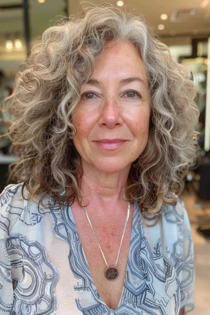 Femeie cu păr ondulat natural de lungime medie, care prezintă lumini naturale cenușii.' title=