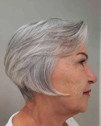 Silver Feathered Bob for 70-Year-Olds with Fine Hair