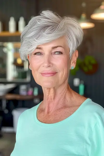 Pixie cut with long fringe for women in their 60s