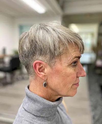 Stylish Brushed-Forward Fringe on a Pixie Cut for 60-Year-Old Ladies