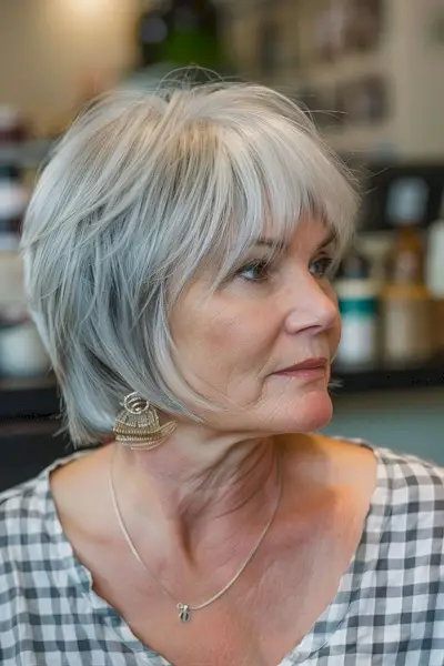 Chin-Length Grey Layered Shag Haircut for Women Over 55 with Fine Hair and Wispy Bangs