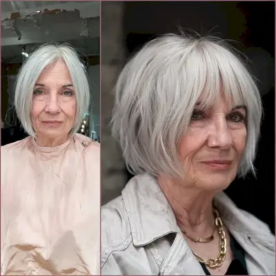 Jaw-Length Silver Short Bob with Bottleneck Bangs for Ladies Past 60