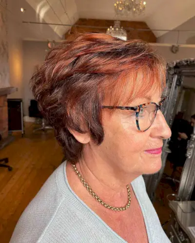 Dark Auburn Feathered Bob for 60-Year-Olds with Glasses