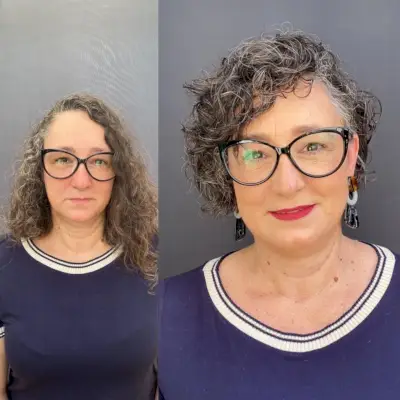 curly bob cut for women in their sixties with glasses