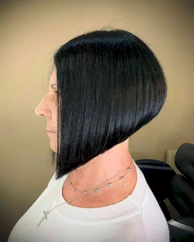 Sharply Angled Jet Black Bob for Thick-Haired 50-Year-Olds