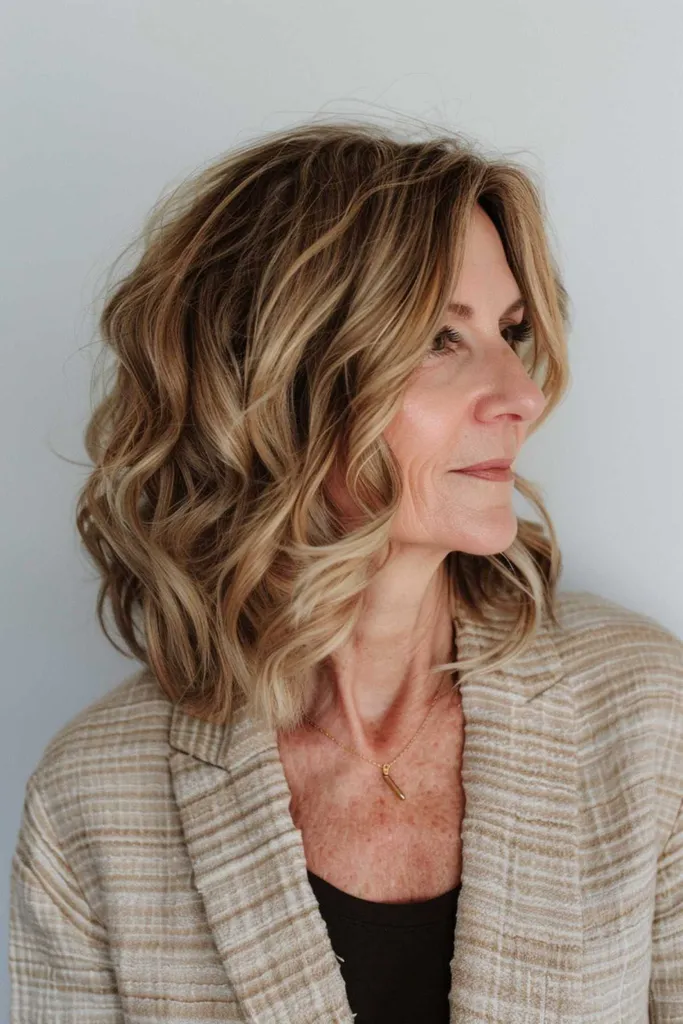 Cheveux ondulés blonds mi-longs embrassés par le soleil, adaptés aux types de cheveux fins à moyens' title=