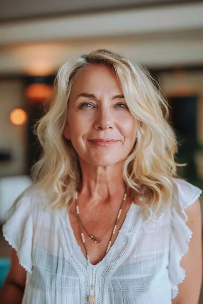 Ondulations de plage blondes jusqu'aux épaules, idéales pour les cheveux fins à moyens.' title=