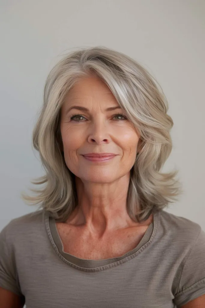 Cheveux blond cendré clair mi-longs avec des couches subtiles, idéaux pour les types de cheveux fins à moyens' title=