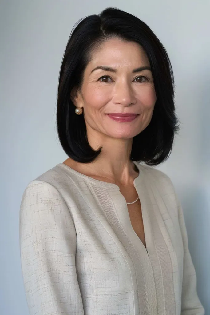 Bob noir élégant jusqu'au menton, adapté aux types de cheveux moyens à épais' title=