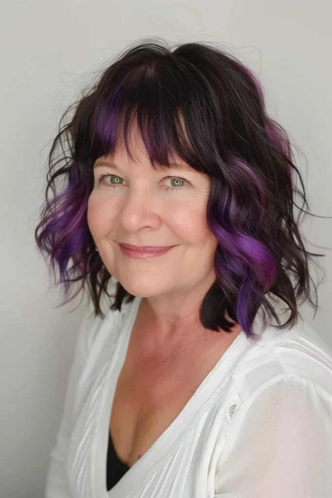 Cheveux ondulés jusqu'aux épaules avec des mèches violettes éclatantes, parfaits pour les types de cheveux moyens à épais.' title=
