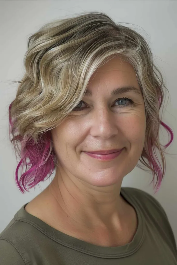 Bob blond mi-long avec des reflets roses coucou et des vagues lâches' title=