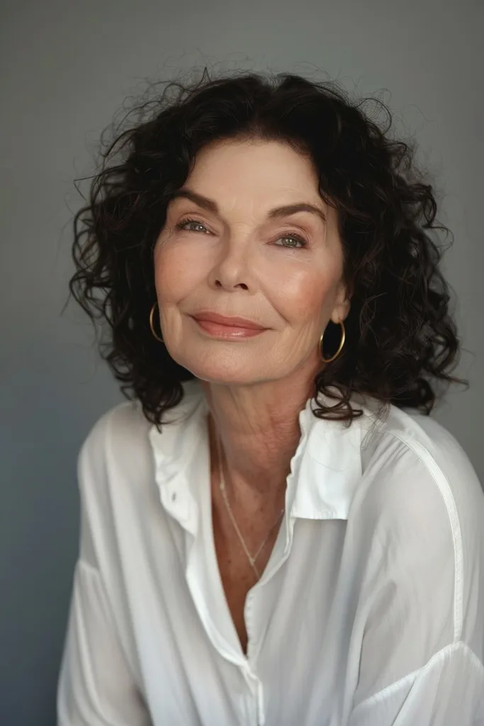 Cheveux bouclés brun foncé riches jusqu'aux épaules, idéaux pour les cheveux naturellement bouclés' title=