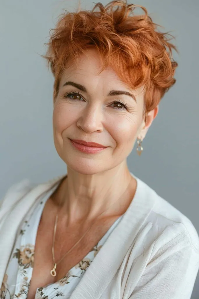 Coupe lutin cuivrée brillante avec des couches texturées idéale pour les cheveux fins à moyens' title=