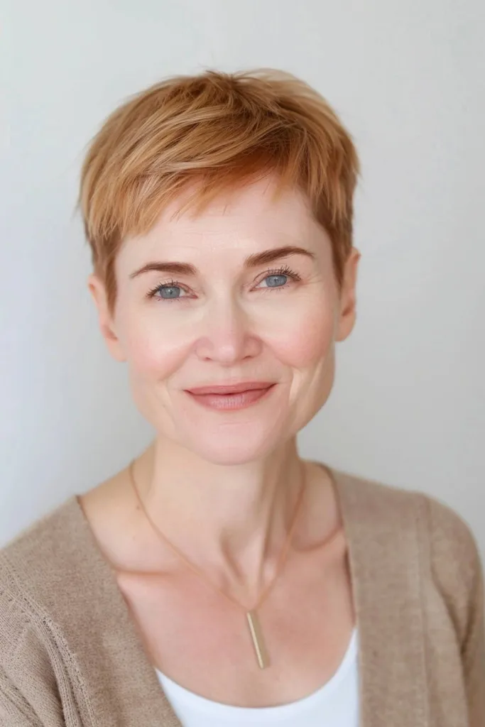 Coupe lutin blonde fraise avec des couches agitées, idéale pour les types de cheveux fins à moyens' title=