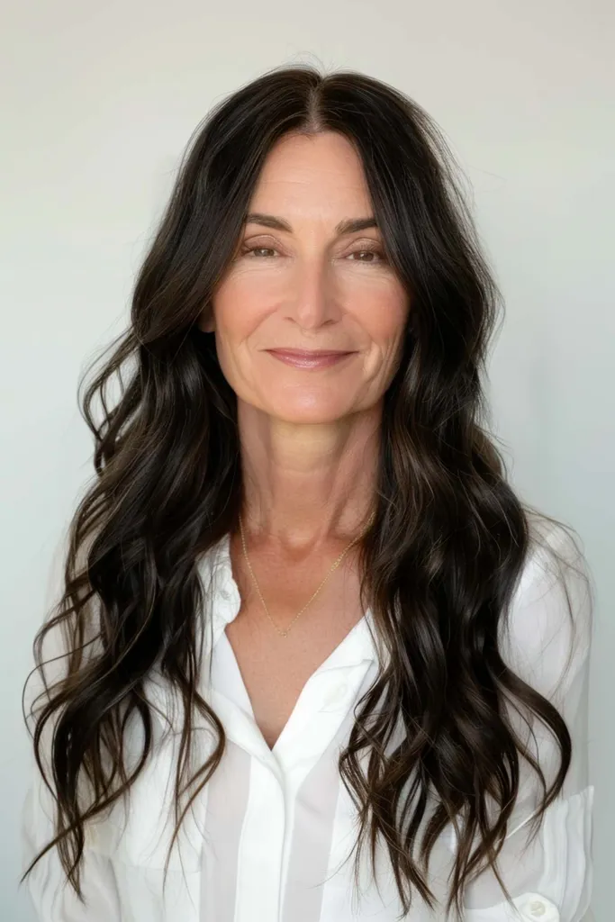 Longs cheveux ondulés brun foncé avec une partie médiane adaptés aux femmes plus âgées' title=
