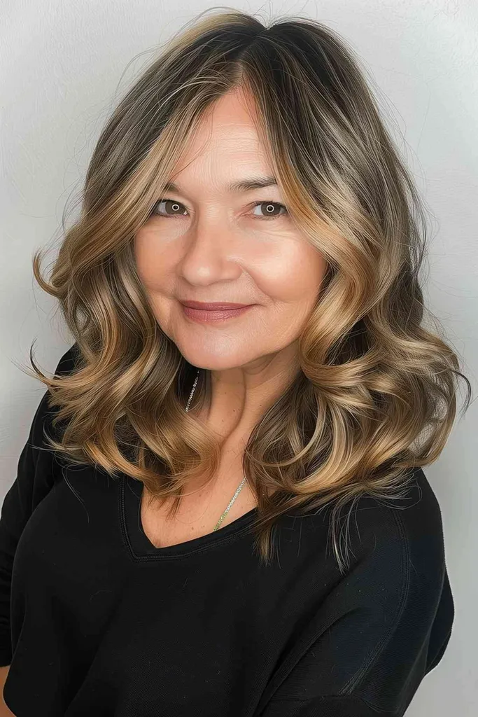 Cheveux de balayage brun miel mi-longs avec des vagues douces, idéaux pour les types de cheveux fins à moyens' title=