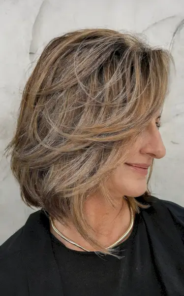 Short Feathered Layered Bob Cut for Brunettes Over 50